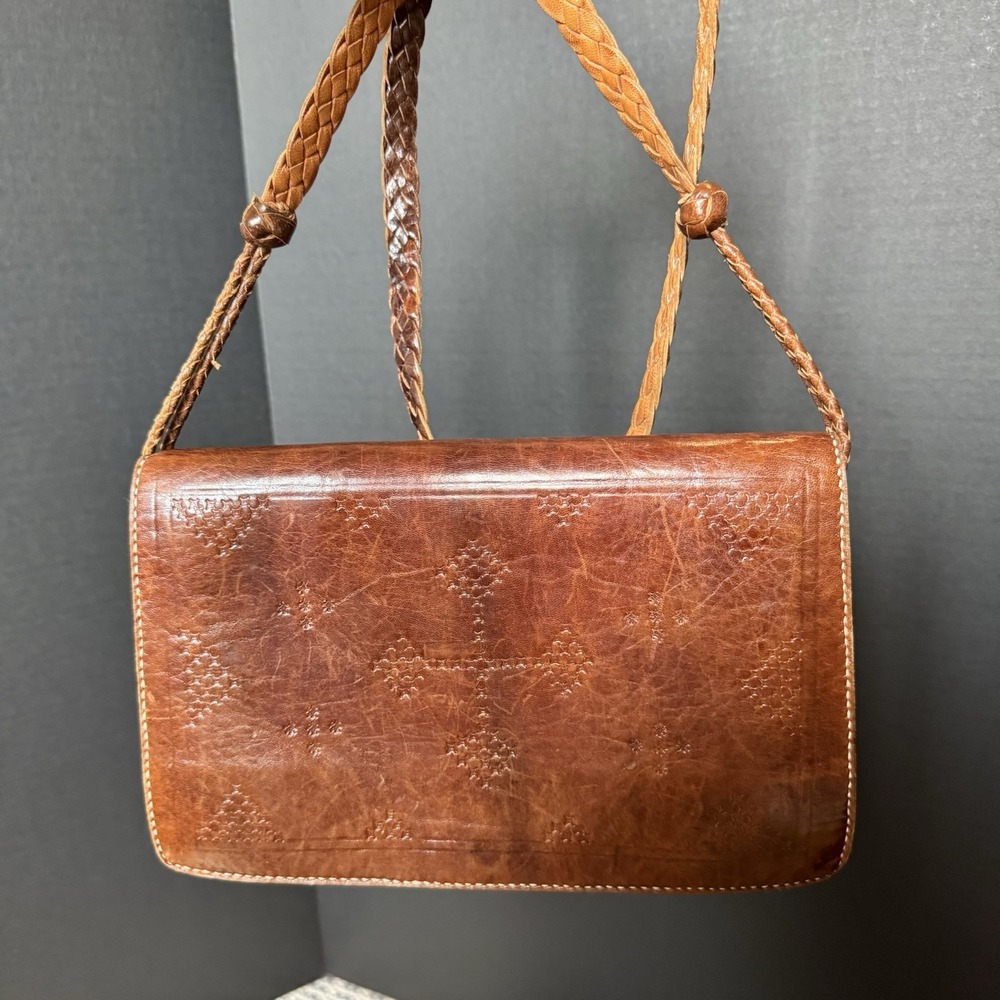 Vintage Hand Tooled Unlined Brown Leather Purse ~ Stylish Braided Leather Strap